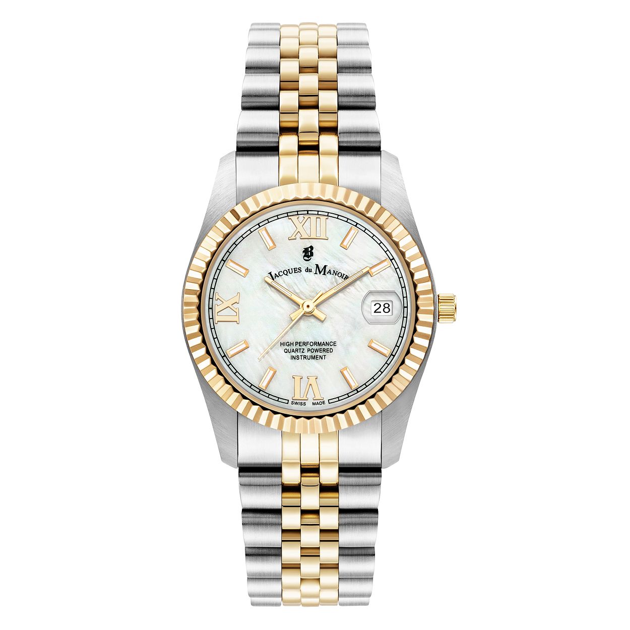 Dames Horloge met parelmoerkleurige wijzerplaat ingelegd met zirkonia's en een bi-colour roestvrij stalen schakel band.