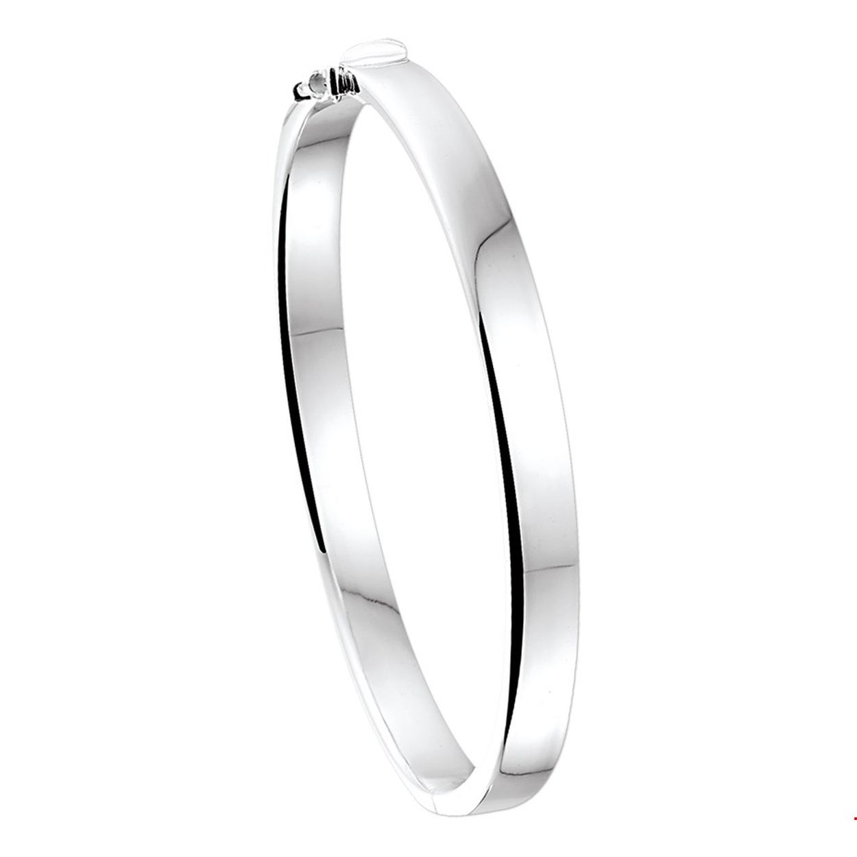Zilveren bangle met een vlakke buis en een scharnier-sluiting. 
Breedte 6 mm en diameter 60 mm.