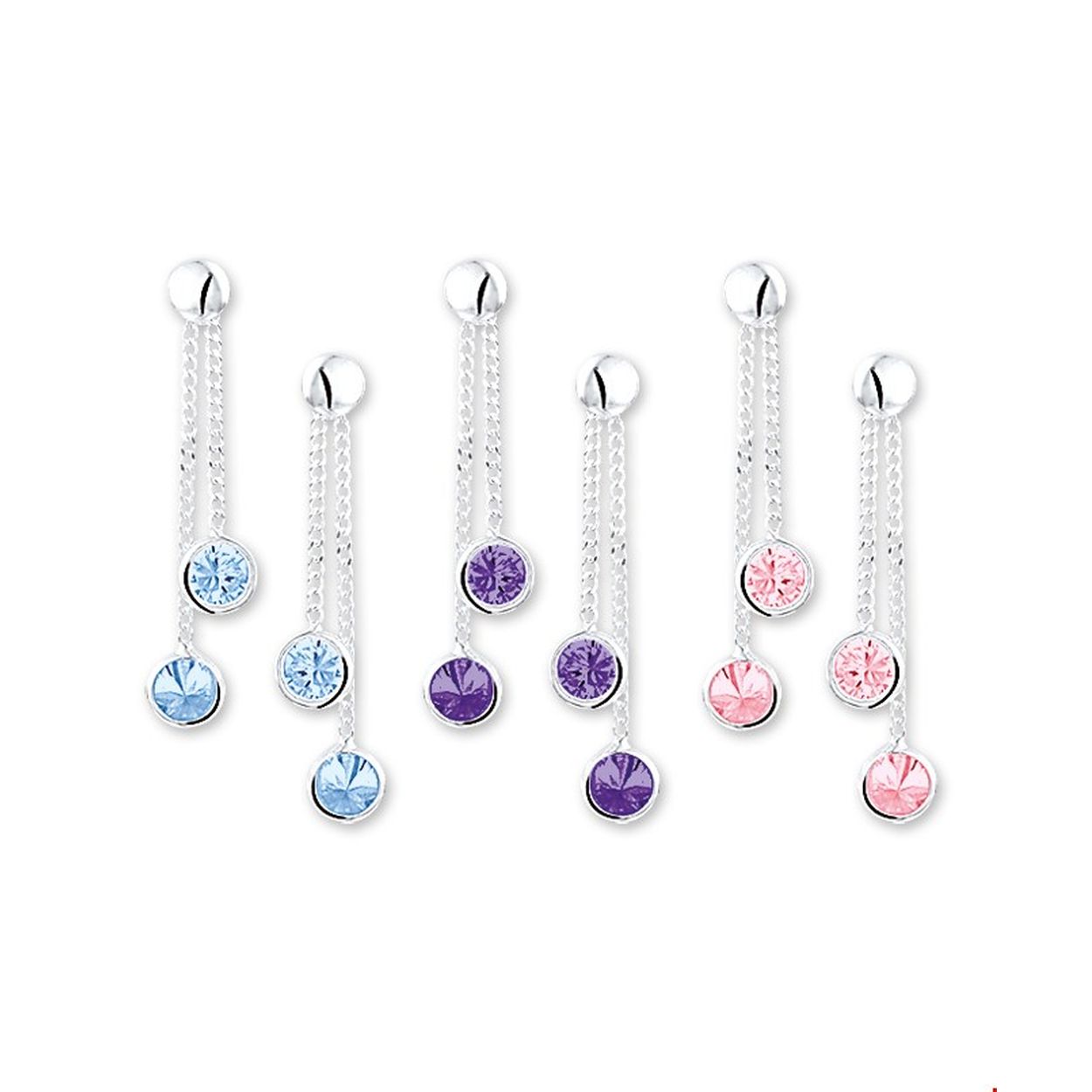 Assortiment van verschillende zilveren oorhangers met zirkonia. 
Doelgroep: kinderen
Breedte: 5 mm
Hoogte: 28 mm