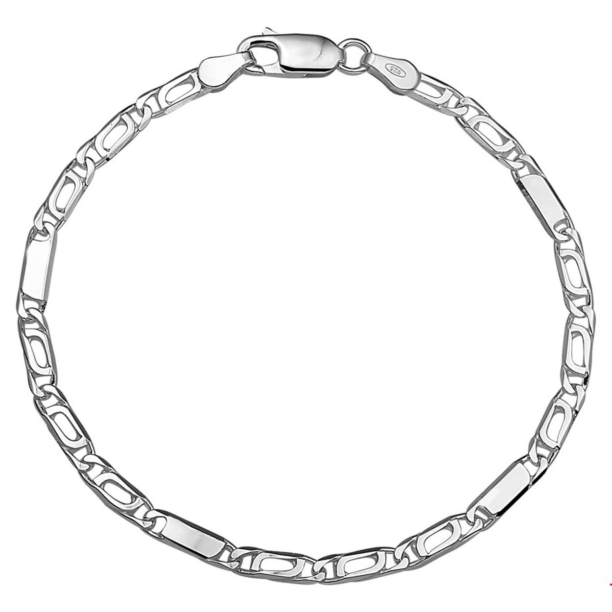 Zilveren armband met valkenoog- en tussenschakel.
Breedte: 2.9 mm
Lengte: 18 cm