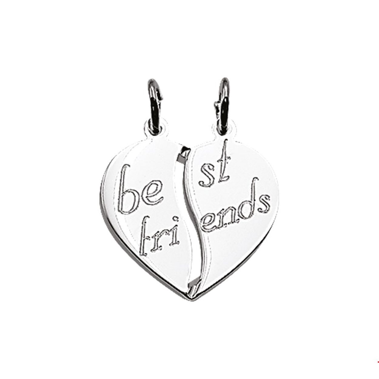 Beschrijving: Zilveren breekhart met de tekst best friends. 
Doelgroep: unisex
Breedte: 17 mm
Hoogte: 16 mm