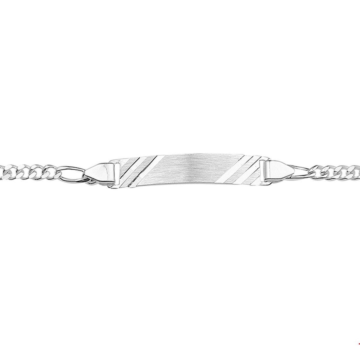 Beschrijving: Zilveren graveerarmband. De lengte bedraagt 16cm met 2cm extensie. De breedte van de graveerplaat bedraagt 5mm. 
Uniekenummer serie: 27785
Doelgroep: meisjes
Breedte: 5 mm
Kortste lengte: 16 mm
Langste lengte: 18 mm