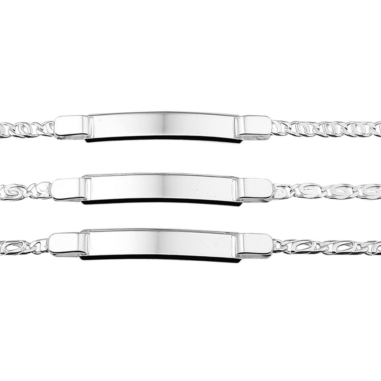Beschrijving: Assortiment van zilveren graveerarmbanden. De lengte bedraagt 18cm en de breedte van de graveerplaat bedraagt 6mm. 
Doelgroep: unisex
Breedte: 6 mm
Langste lengte: 18 cm