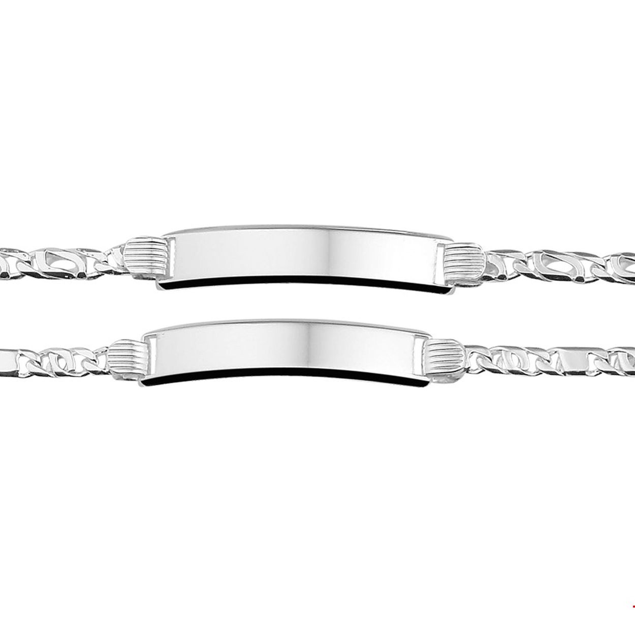 Beschrijving: Assortiment van zilveren graveerarmbanden. De lengte bedraagt 20cm en de breedte van de graveerplaat bedraagt 8.3mm.  
Doelgroep: unisex
Breedte: 8 mm
Langste lengte: 20 mm