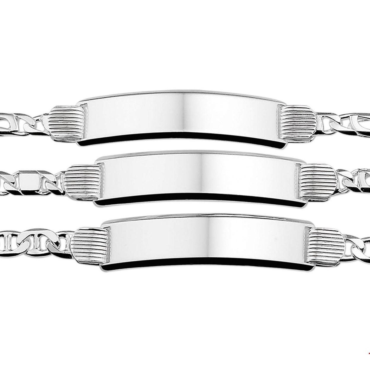 Beschrijving: Assortiment van zilveren graveerarmbanden. De lengte bedraagt 21cm en de breedte van de graveerplaat bedraagt 10mm. 
Doelgroep: unisex
Breedte: 10 mm
Langste lengte: 21 cm