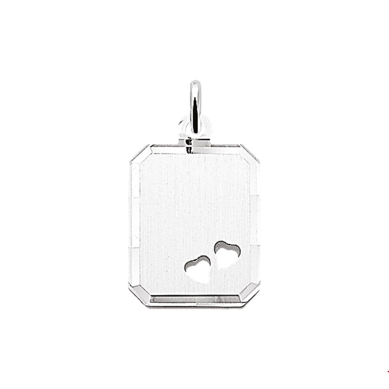 Beschrijving: Zilveren graveerhanger met gestanste hartjes en een poli/matte afwerking. 
Doelgroep: unisex
Breedte: 14 mm
Hoogte: 18 mm
