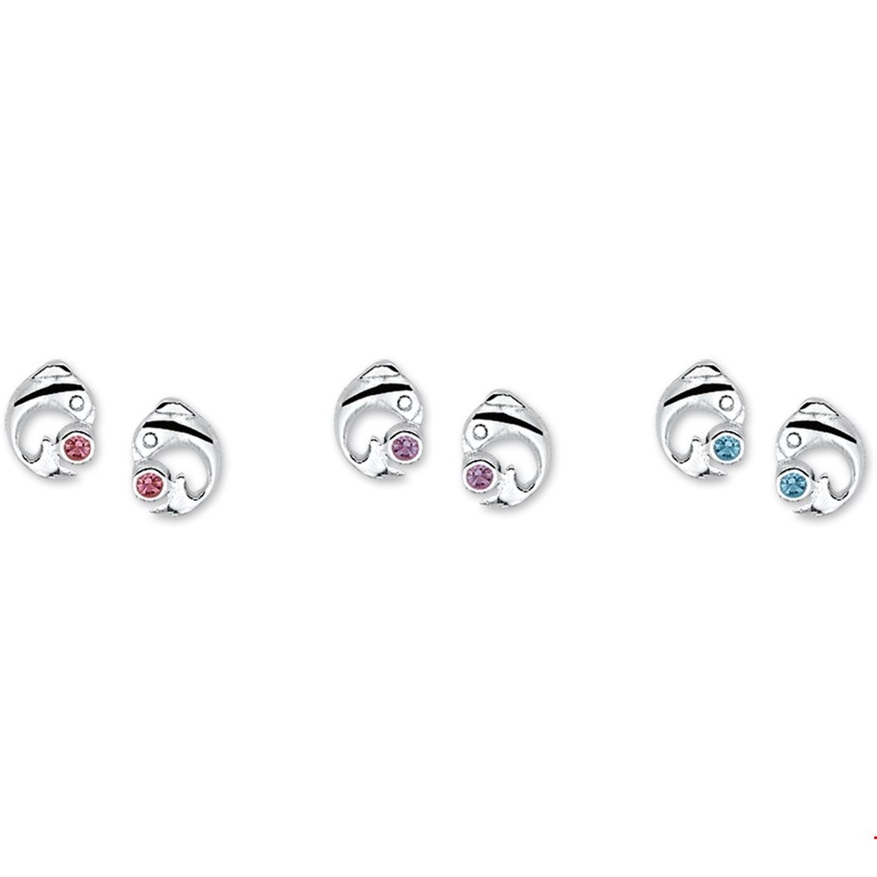Beschrijving: Assortiment van zilveren oorknoppen met dolfijnen en zirkonia. 
Doelgroep: kinderen
Breedte: 6.5 mm
Hoogte: 8.5 mm