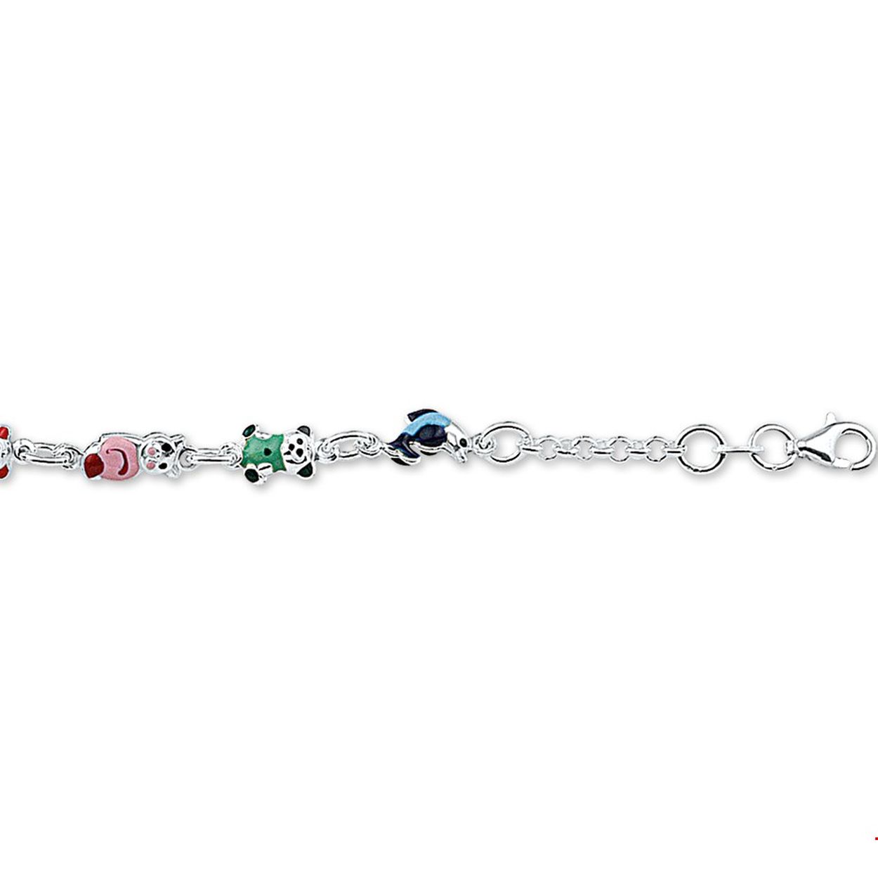 Beschrijving: Zilveren armband met dieren van emaille. De lengte bedraagt 13cm met 2cm extensie. 
Doelgroep: kinderen
Kortste lengte: 13 mm
Langste lengte: 15 mm