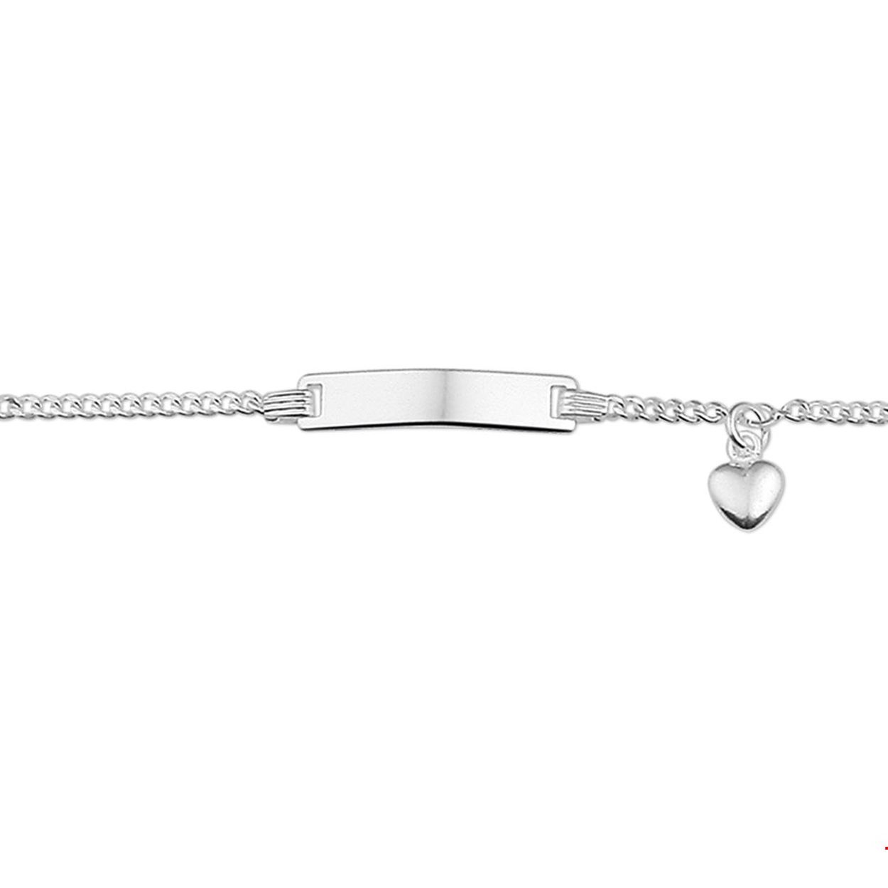 Zilveren naamplaat armband met een losse hart bedel. Lengte van de armband is 13cm en er zit een extra oog op 11cm.