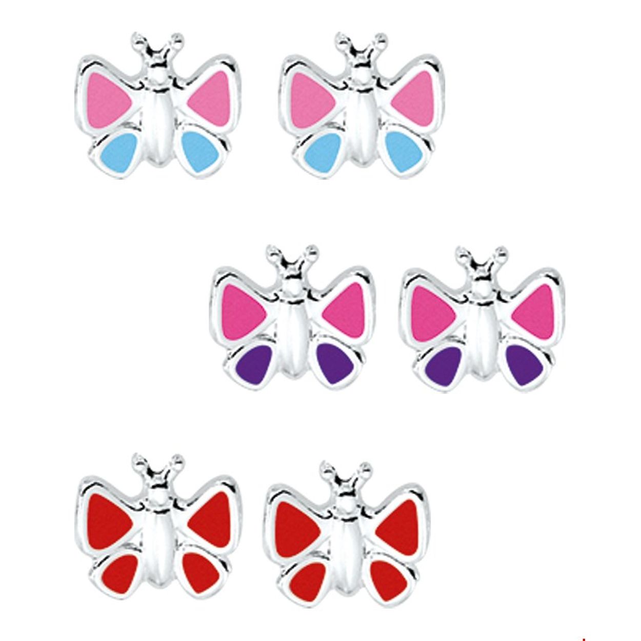 Beschrijving: Assortiment van zilveren oorknoppen met vlindertjes van emaille. 
Doelgroep: kinderen
Breedte: 7.5 mm
Hoogte: 6.5 mm
