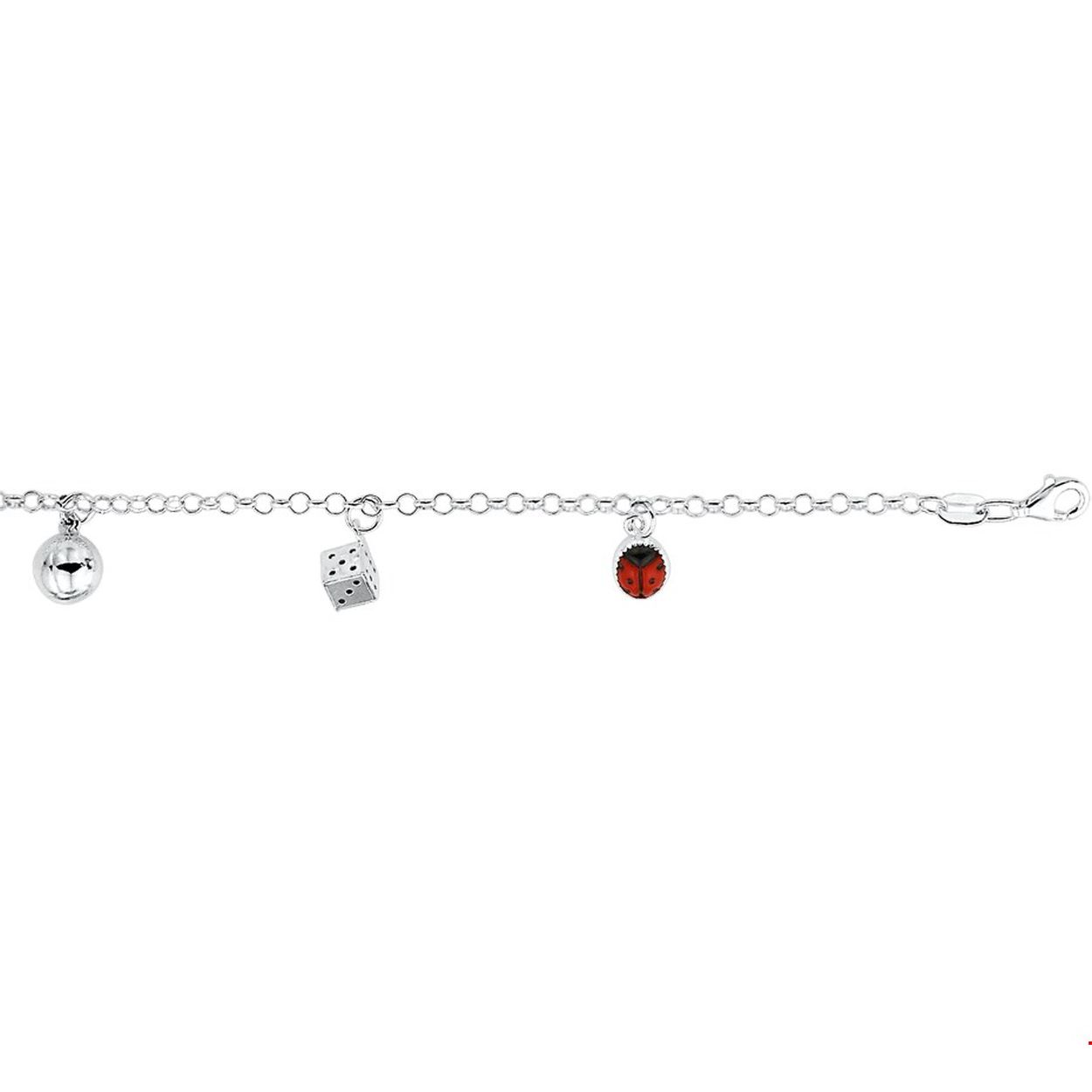 Zilveren armband met 3 stuks diverse bedels: Bal, dobbelsteen en lieveheersbeestje
Doelgroep: kinderen
Langste lengte: 15 mm
925 zilver