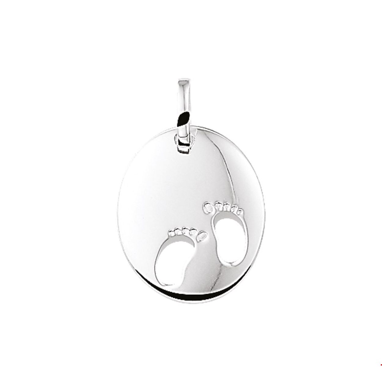 Beschrijving: Zilveren graveerhanger met gestanste kindervoetjes. 
Doelgroep: unisex
Breedte: 16.5 mm
Hoogte: 20.5 mm