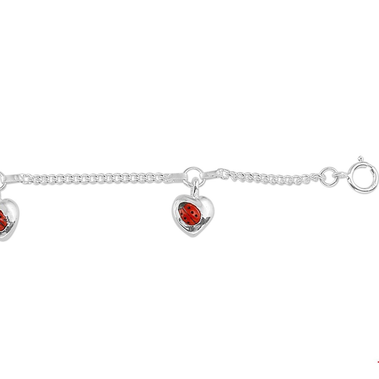 Zilveren armband met hartjes en lieveheersbeestjes. De lengte bedraagt 11cm + 2cm extensie. 
