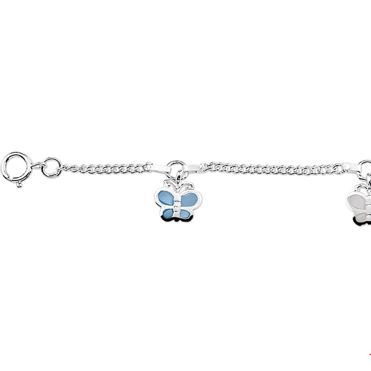 Beschrijving: Zilveren armband met vlinders van parelmoer. De lengte van de armband bedraagt 13cm met 2cm extensie. 
Uniekenummer serie: 29204
Doelgroep: kinderen
Breedte: 1.8 mm
Kortste lengte: 13 mm
Langste lengte: 15 mm