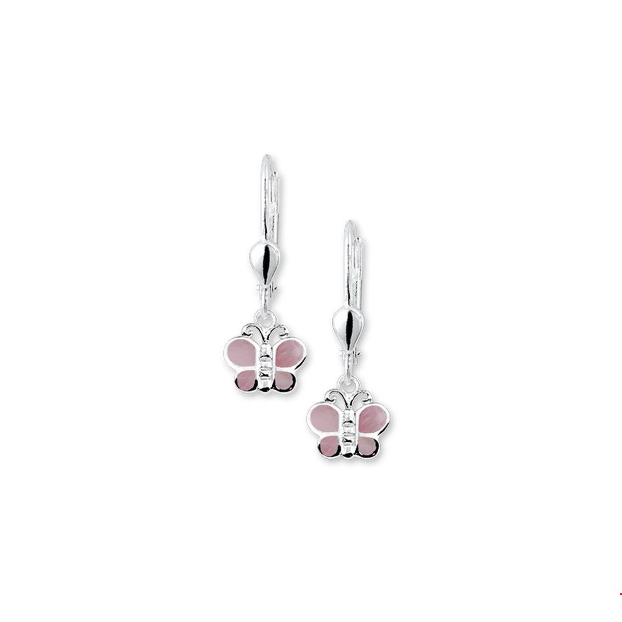 Beschrijving: Zilveren oorhangers met een vlinder van roze parelmoer. 
Doelgroep: kinderen
Breedte: 8 mm
Hoogte: 8.5 mm