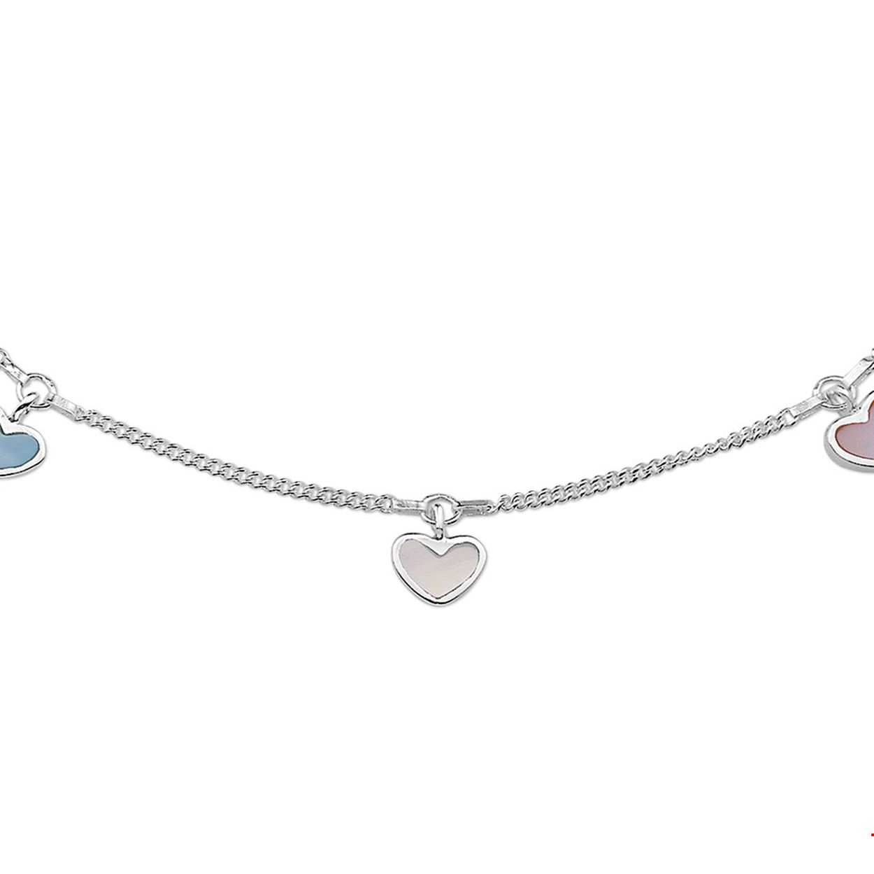 Beschrijving: Zilveren collier met hartjes van parelmoer. De lengte van het collier bedraagt 36cm met 2cm extensie. 
Verpakt per: 1
Doelgroep: kinderen
Kortste lengte: 36 mm
Langste lengte: 38 mm