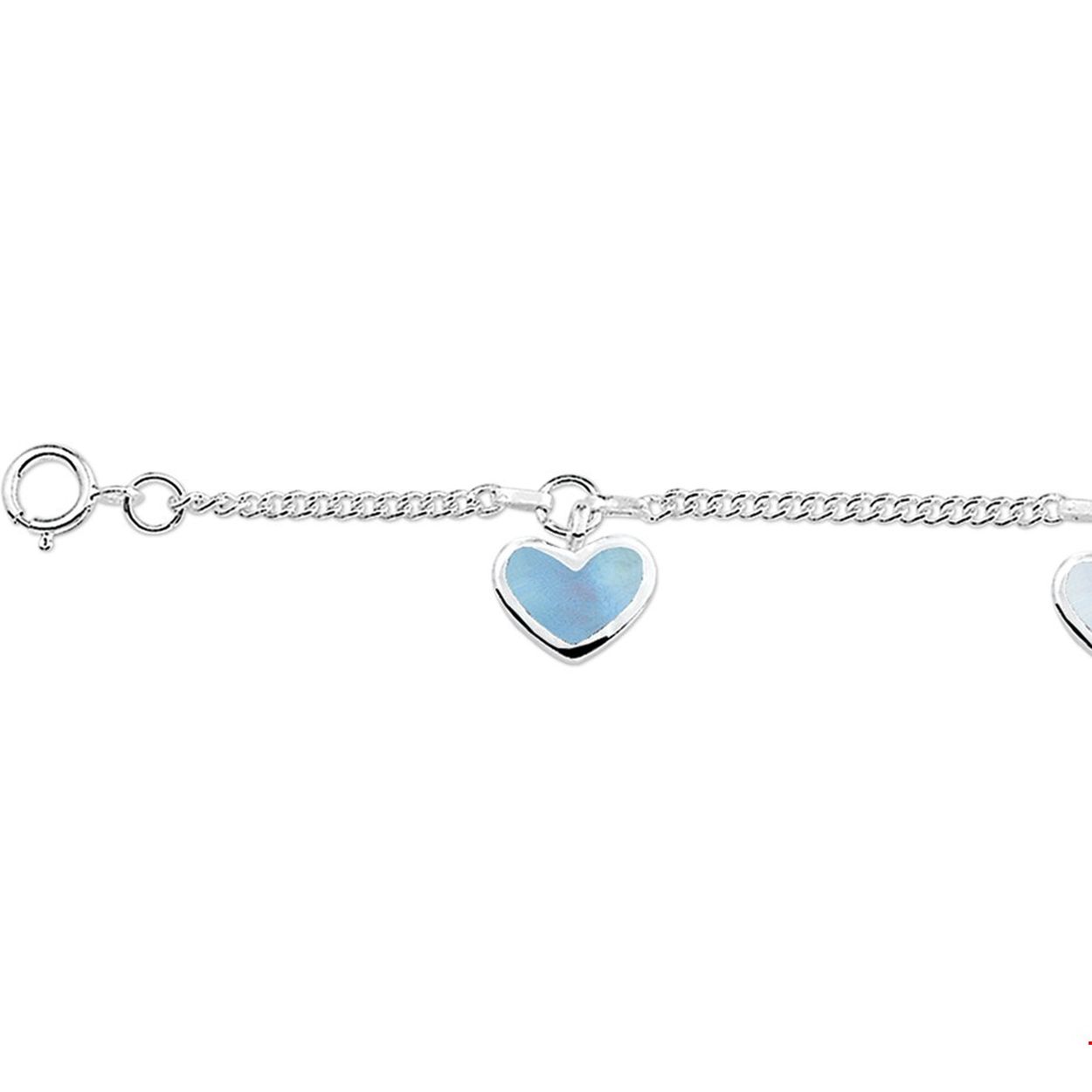 Beschrijving: Zilveren armband met hartjes van parelmoer. De lengte bedraagt 11cm met 2cm extensie. 
Uniekenummer serie: 28316
Doelgroep: kinderen
Kortste lengte: 11 mm
Langste lengte: 13 mm