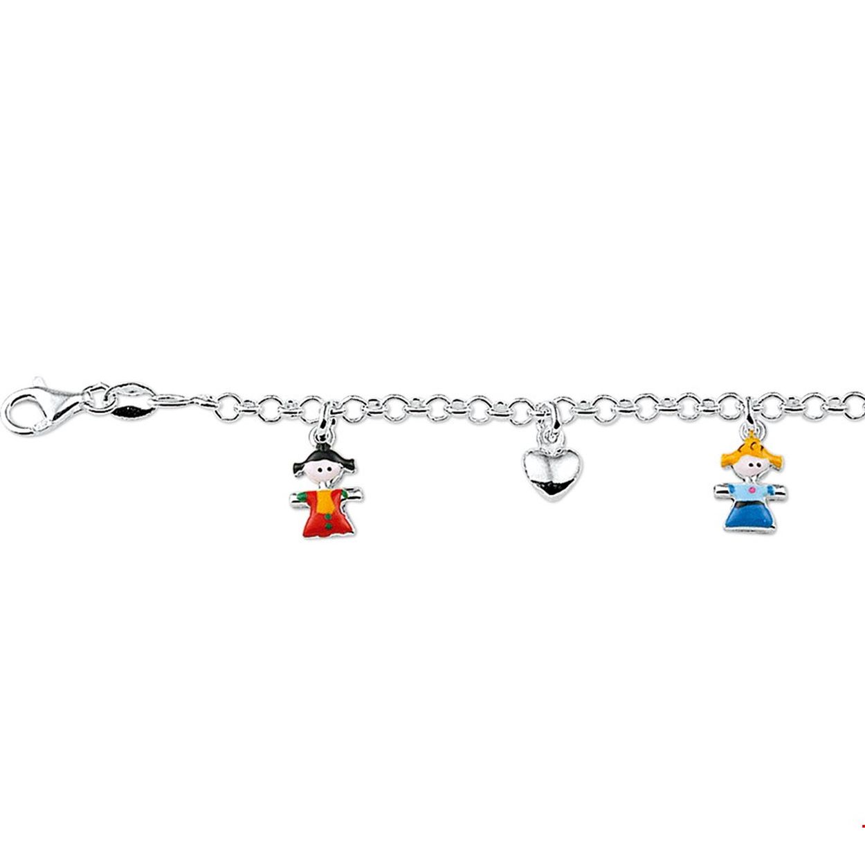 Zilveren armband met 5 bedels. De lengte van de armband bedraagt 13cm met 2cm extensie. De schakelbreedte bedraagt 3.0mm. 
Doelgroep: kinderen
Breedte: 3 mm
Kortste lengte: 13 mm
Langste lengte: 15 mm
