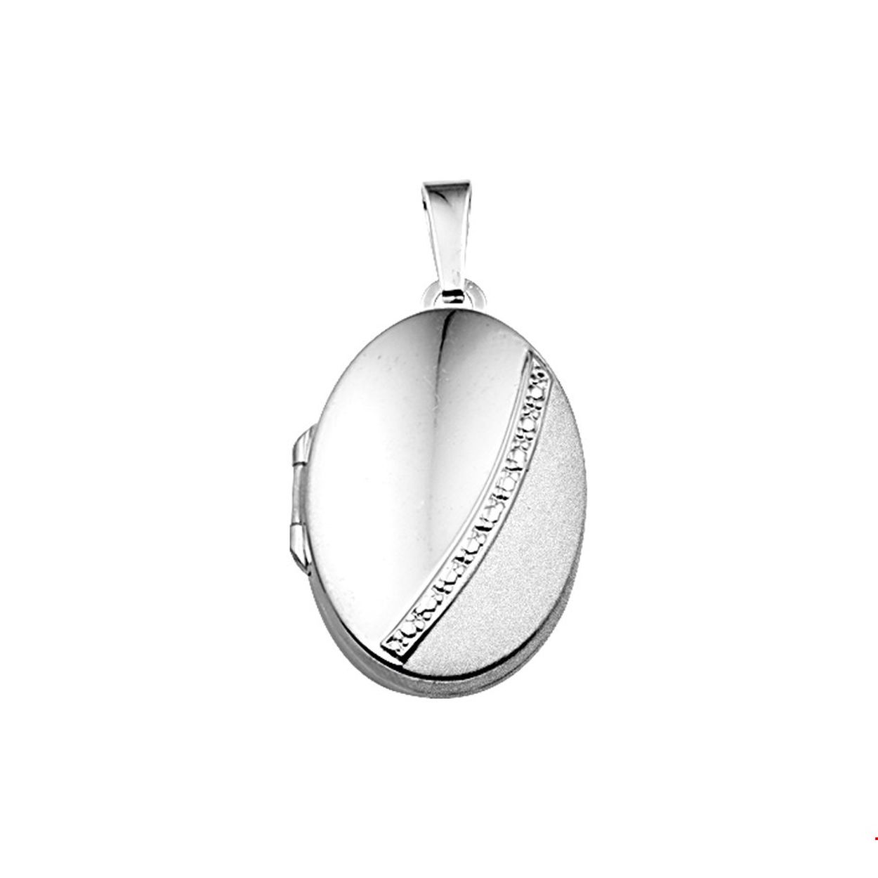 Zilveren medaillon met een poli/matte afwerking. In het medaillon passen twee fotos.  
Metaalsoort: Zilver
Bewerking: Poli/Mat
Vorm: Ovaal
Breedte: 17mm
Hoogte: 23,5mm