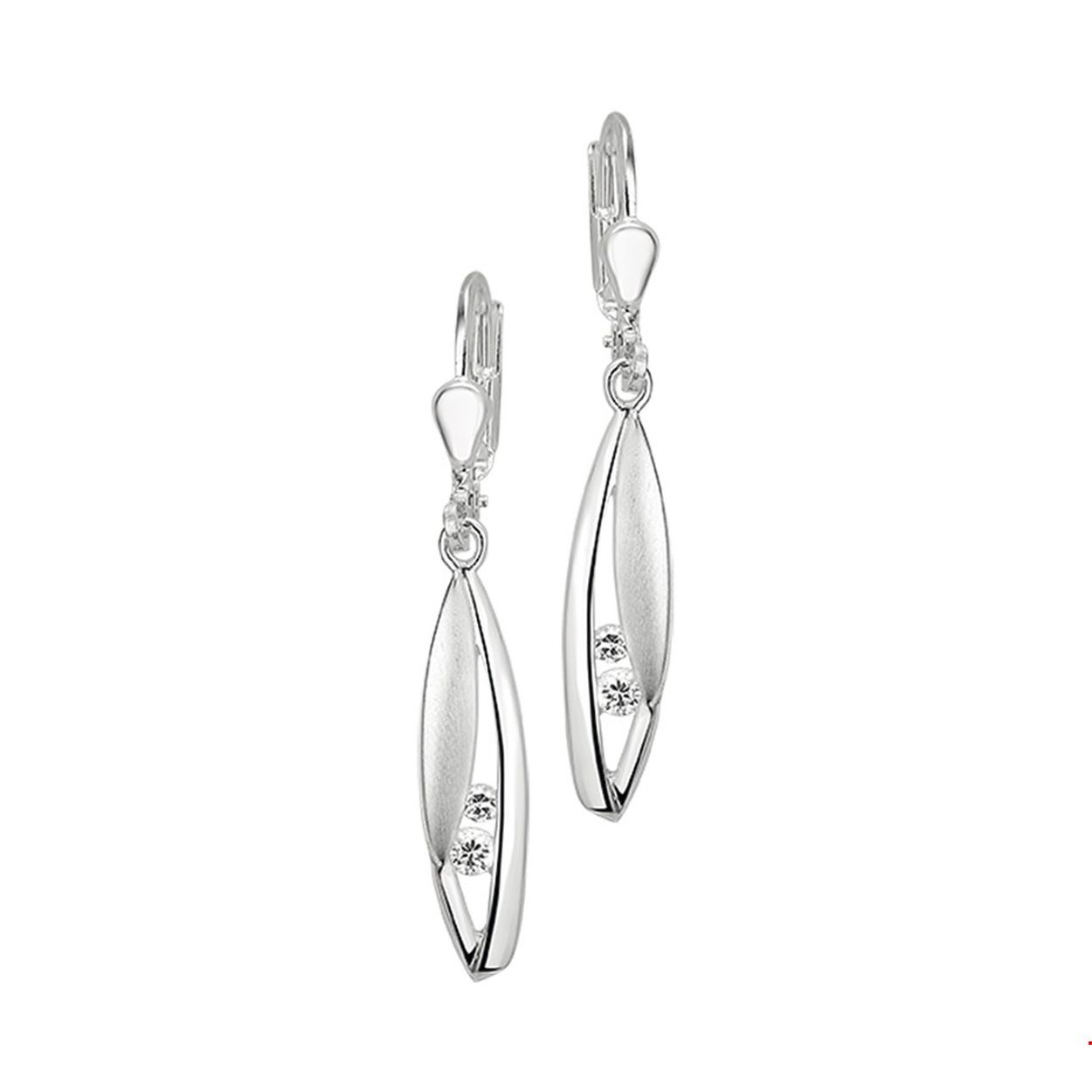 Beschrijving: Zilveren oorhangers met zirkonia en een poli/matte afwerking. 
Verpakt per: 1
Doelgroep: dames
Breedte: 5.5 mm
Hoogte: 40 mm
Zetting: solitaire (span zetting)