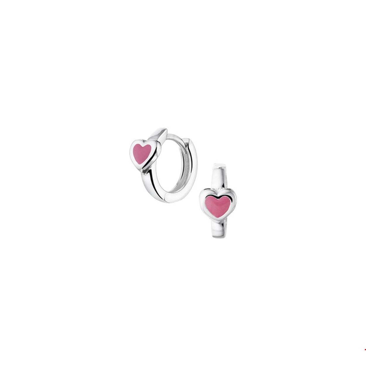 Zilveren klapoorringen van 11x5.5mm uitgevoerd met een hart van roze emaille. De klapoorringen zijn tevens verkrijgbaar uitgevoerd met hartjes van rode emaille.