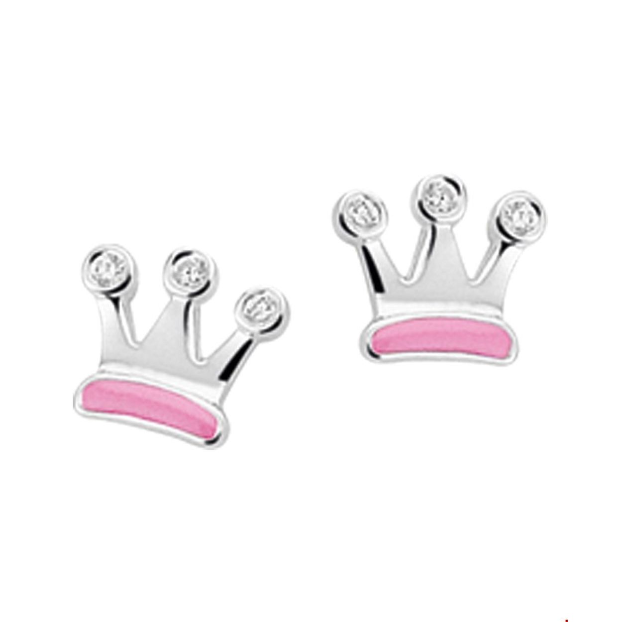 Beschrijving: Zilveren oorknoppen met een kroontje van emaille en zirkonia. 
Doelgroep: kinderen
Breedte: 6 mm
Hoogte: 6 mm