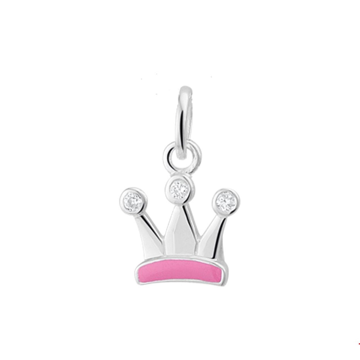 zilveren bedel in de vorm van een kroontje. met roze emaille en zirkonia