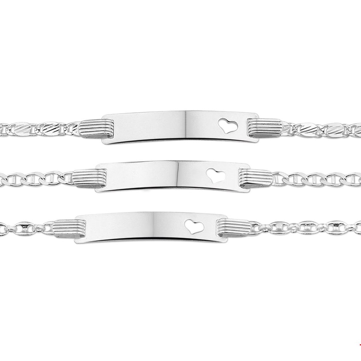 Beschrijving: Assortiment van zilveren graveerarmbanden met een gestanst hartje. De lengte bedraagt 14cm met 2cm extensie. De breedte van de graveerplaat bedraagt 5mm. 
Uniekenummer serie: 27790
Doelgroep: meisjes
Breedte: 5 mm
Kortste lengte: 14 mm
Langste lengte: 16 mm