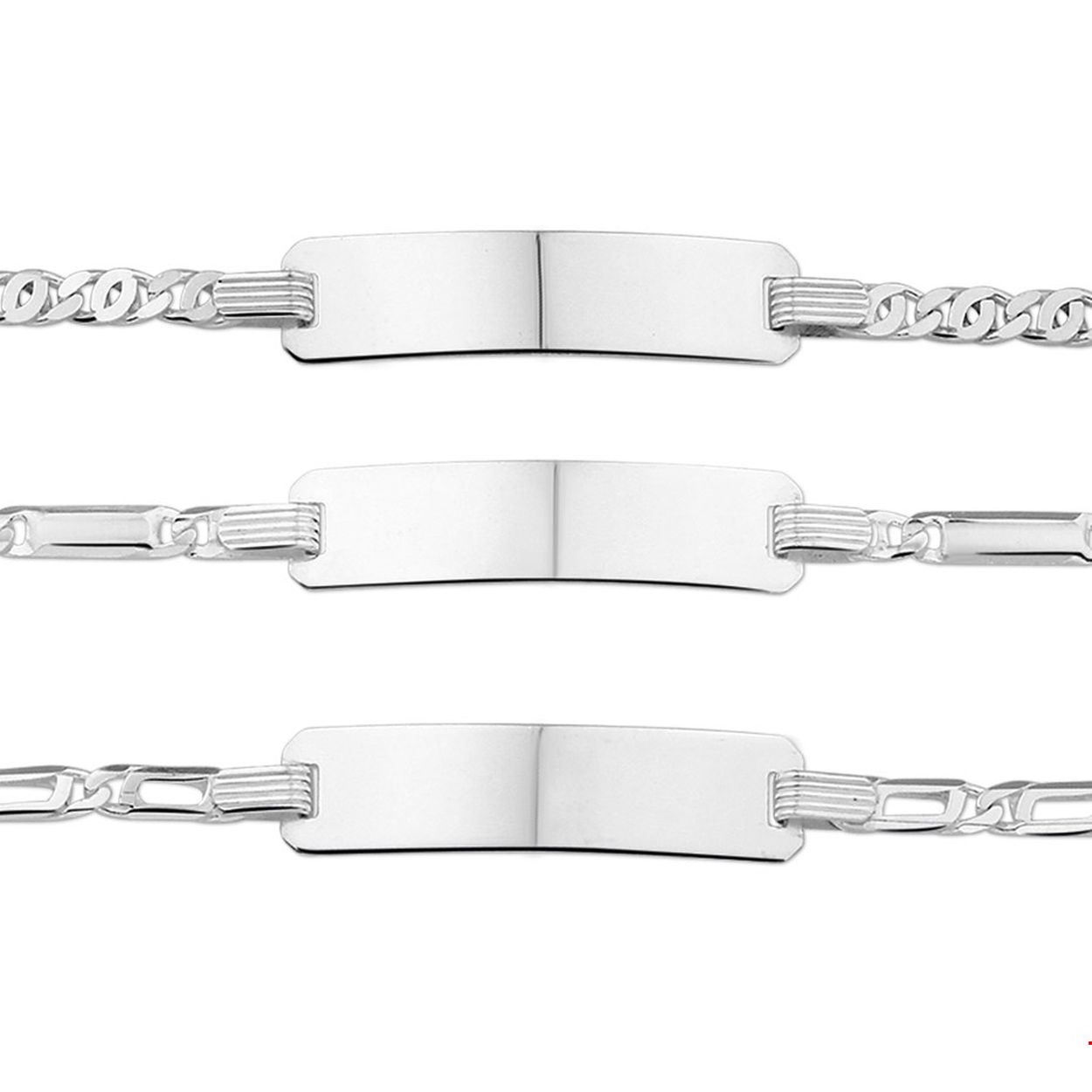 Zilveren graveerarmbanden. De lengte bedraagt 14cm met 2cm extensie. De breedte van de graveerplaat bedraagt 7mm. 
Uniekenummer serie: 27786
Breedte: 7 mm
Kortste lengte: 14 mm
Langste lengte: 16 mm