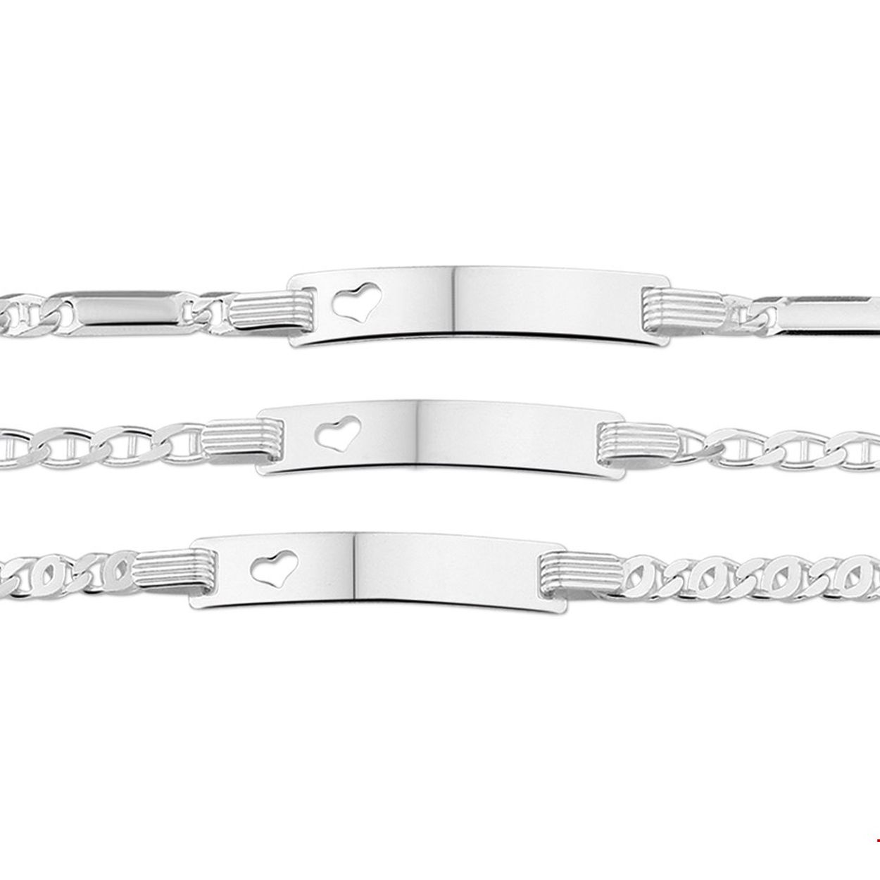 Beschrijving: Assortiment van zilveren graveerarmbanden met een gestanst hartje. De lengte bedraagt 16cm met 2cm extensie. De breedte van de graveerplaat bedraagt 5mm. 
Uniekenummer serie: 27789
Verpakt per: 3
Doelgroep: meisjes
Breedte: 5 mm
Kortste lengte: 16 mm
Langste lengte: 18 mm