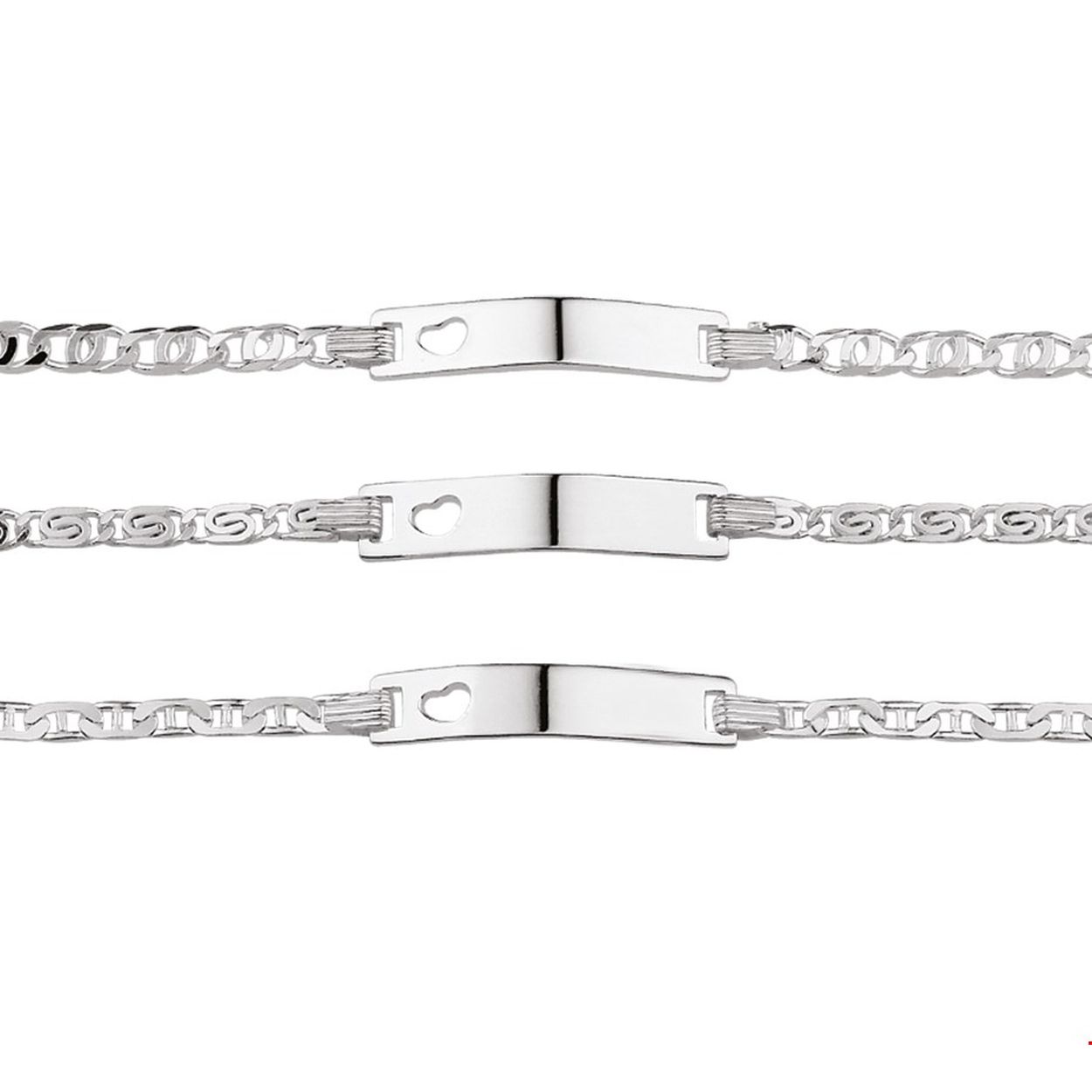 Beschrijving: Assortiment van zilveren graveerarmbanden met een gestanst hartje. De lengte bedraagt 11cm met 2cm extensie. De breedte van de graveerplaat bedraagt 4.2mm.
Doelgroep: kinderen
Breedte: 4 mm
Kortste lengte: 11 mm
Langste lengte: 13 mm