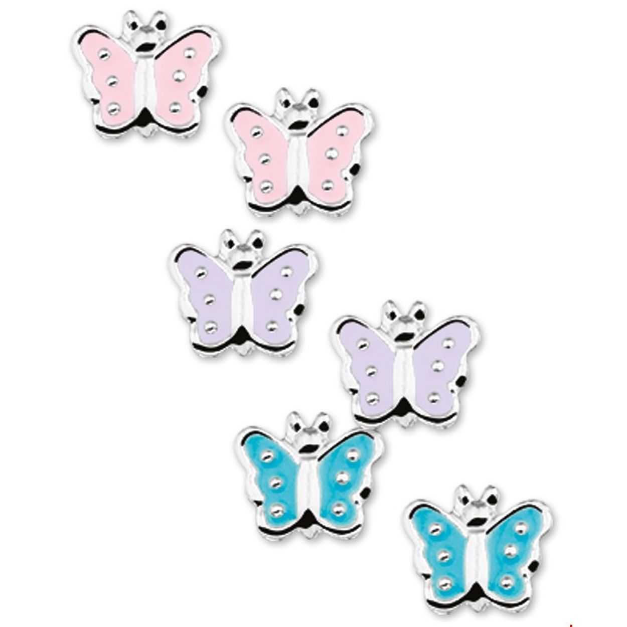 Beschrijving: Assortiment van zilveren oorknoppen met vlinders van emaille.
Doelgroep: kinderen
Breedte: 7 mm
Hoogte: 6 mm