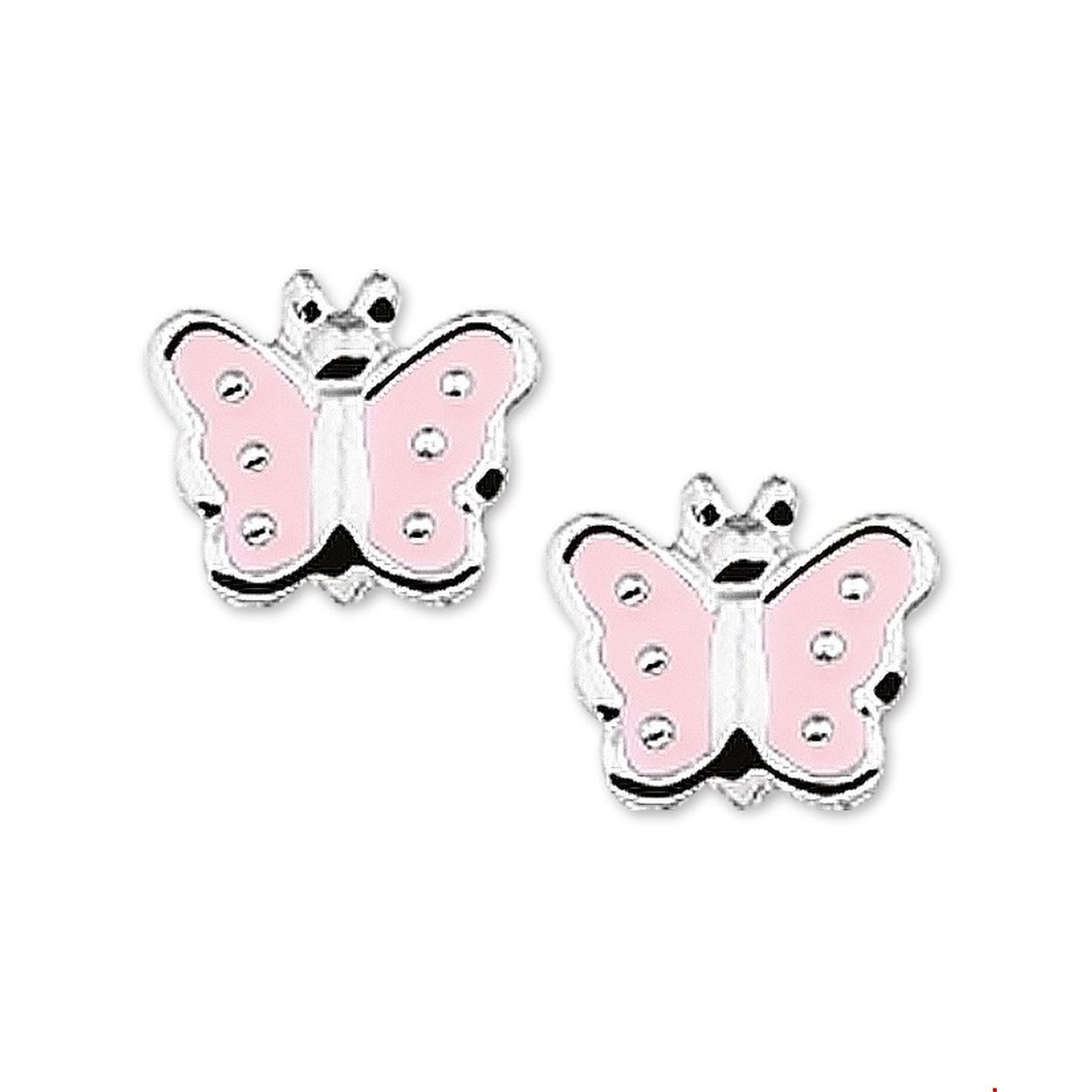 Beschrijving: Zilveren oorknoppen met een vlinder van roze emaille. 
Doelgroep: kinderen
Breedte: 7 mm
Hoogte: 6 mm