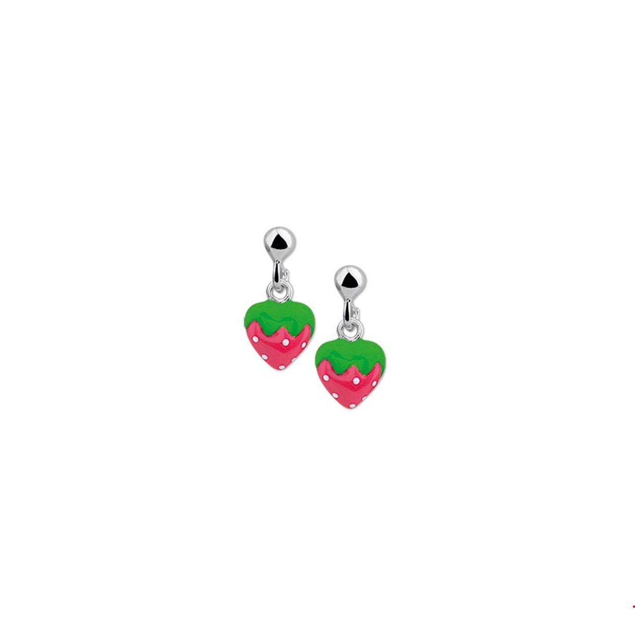 Beschrijving: Zilveren oorhangers met een aardbei van emaille. 
Doelgroep: kinderen
Breedte: 6.5 mm
Hoogte: 8.5 mm