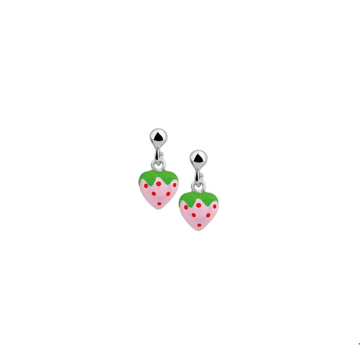 Beschrijving: Zilveren oorhangers met een aardbei van emaille. 
Doelgroep: kinderen
Breedte: 6.5 mm
Hoogte: 8.5 mm