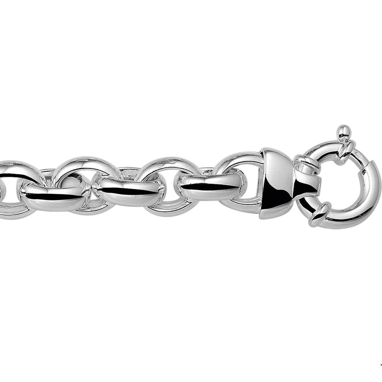 Zilver jassaron/bedel armband met groot veerslot.
Breedte: 12 mm
Langste lengte: 21 mm