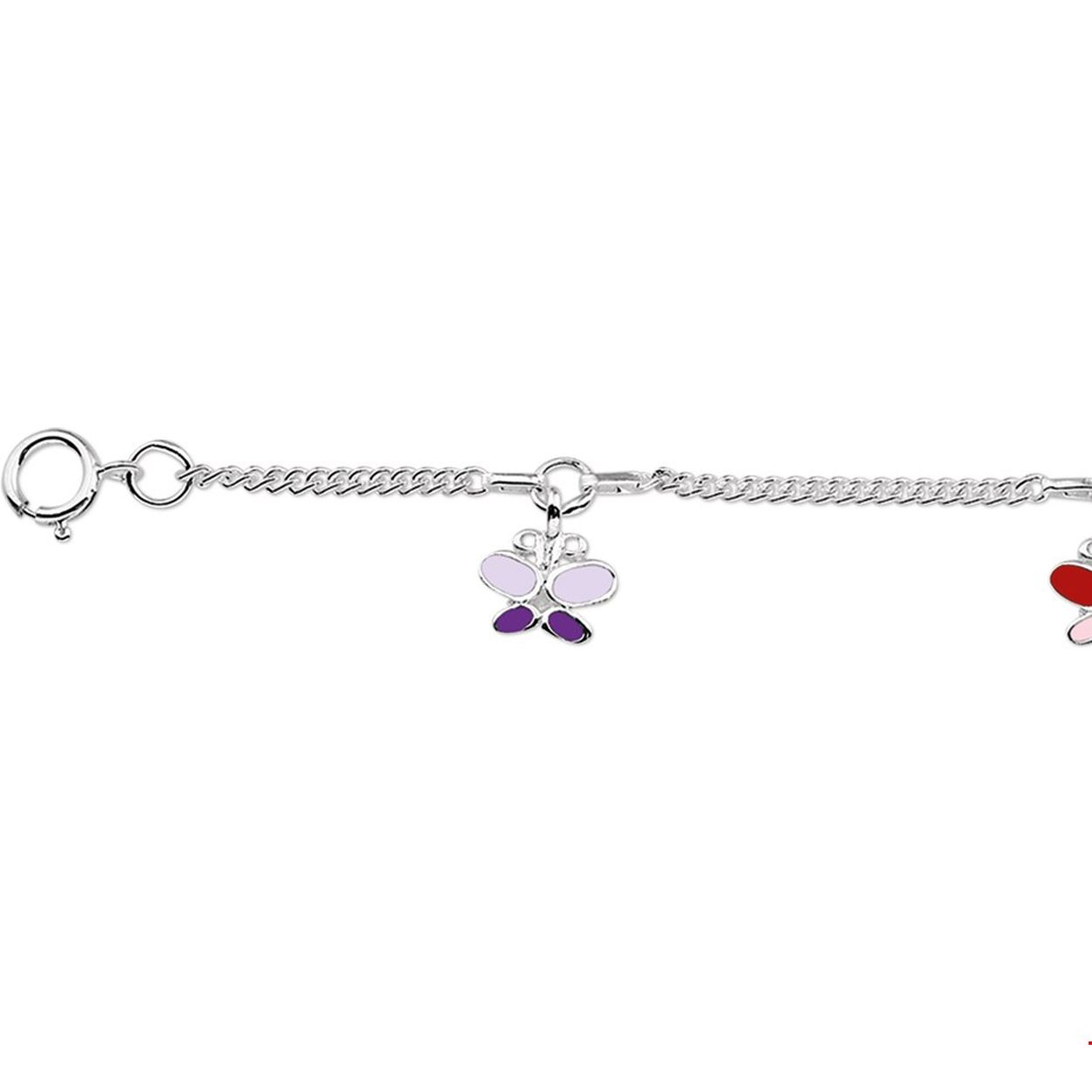 Beschrijving: Zilveren armband met vlinders van gekleurd emaille. De lengte van de armband bedraagt 13cm met 2cm extensie. 
Uniekenummer serie: 28241
Doelgroep: kinderen
Kortste lengte: 13 mm
Langste lengte: 15 mm