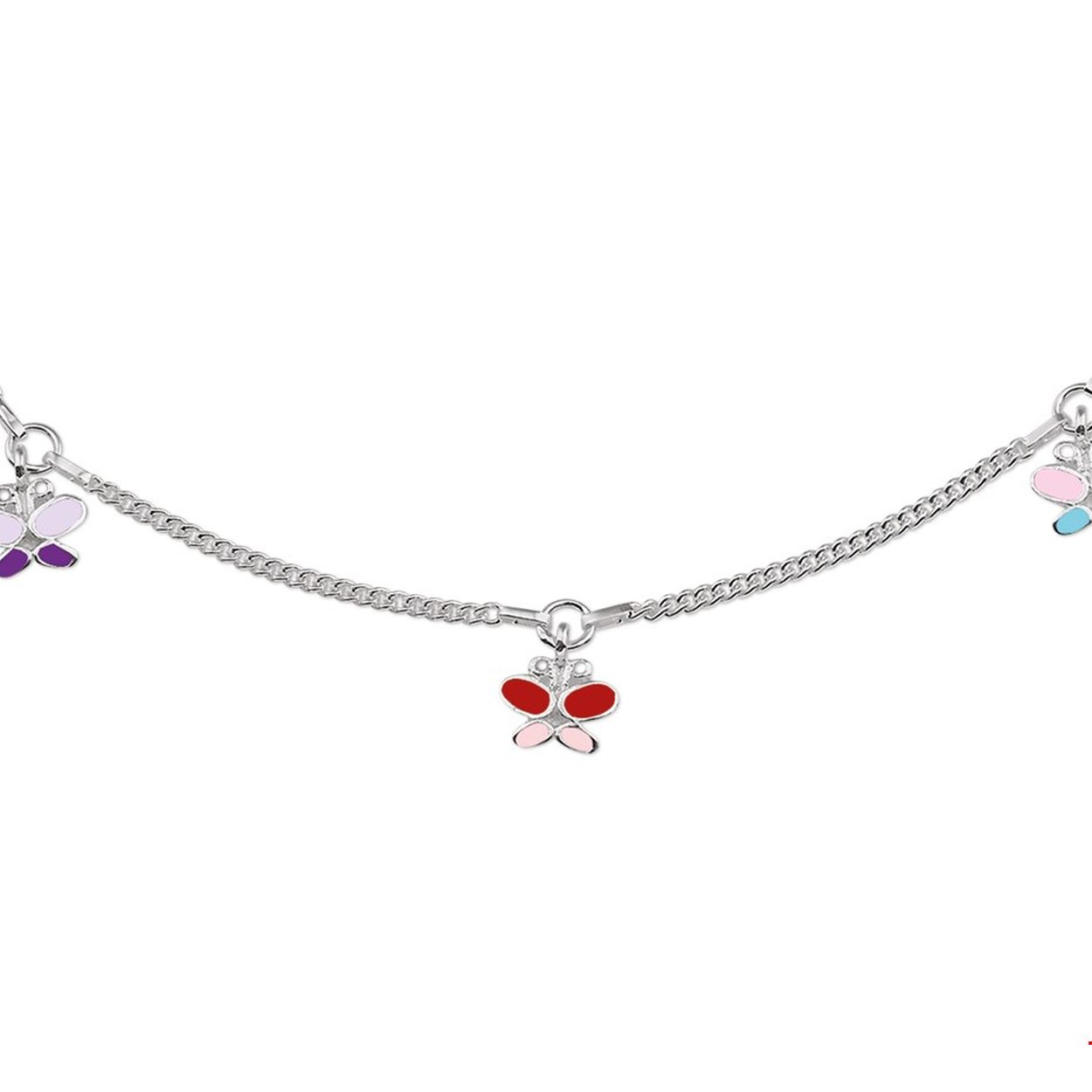 Beschrijving: Zilveren collier met vlinders van gekleurd emaille. De lengte van het collier bedraagt 36cm met 2cm extensie. 
Verpakt per: 1
Doelgroep: kinderen
Kortste lengte: 36 mm
Langste lengte: 38 mm