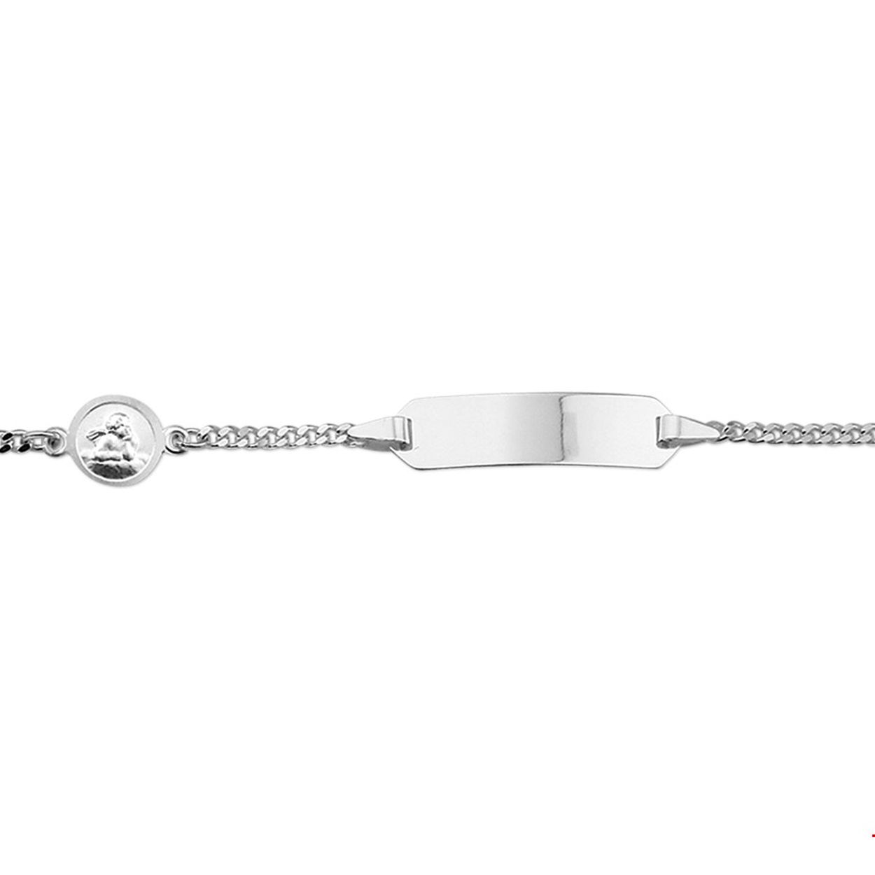 Beschrijving: Zilveren graveerarmband met een scapulier. De lengte bedraagt 11cm met 2cm extensie. De breedte van de graveerplaat bedraagt 5.3mm.
Doelgroep: kinderen
Breedte: 5.3 mm
Kortste lengte: 11 mm
Langste lengte: 13 mm