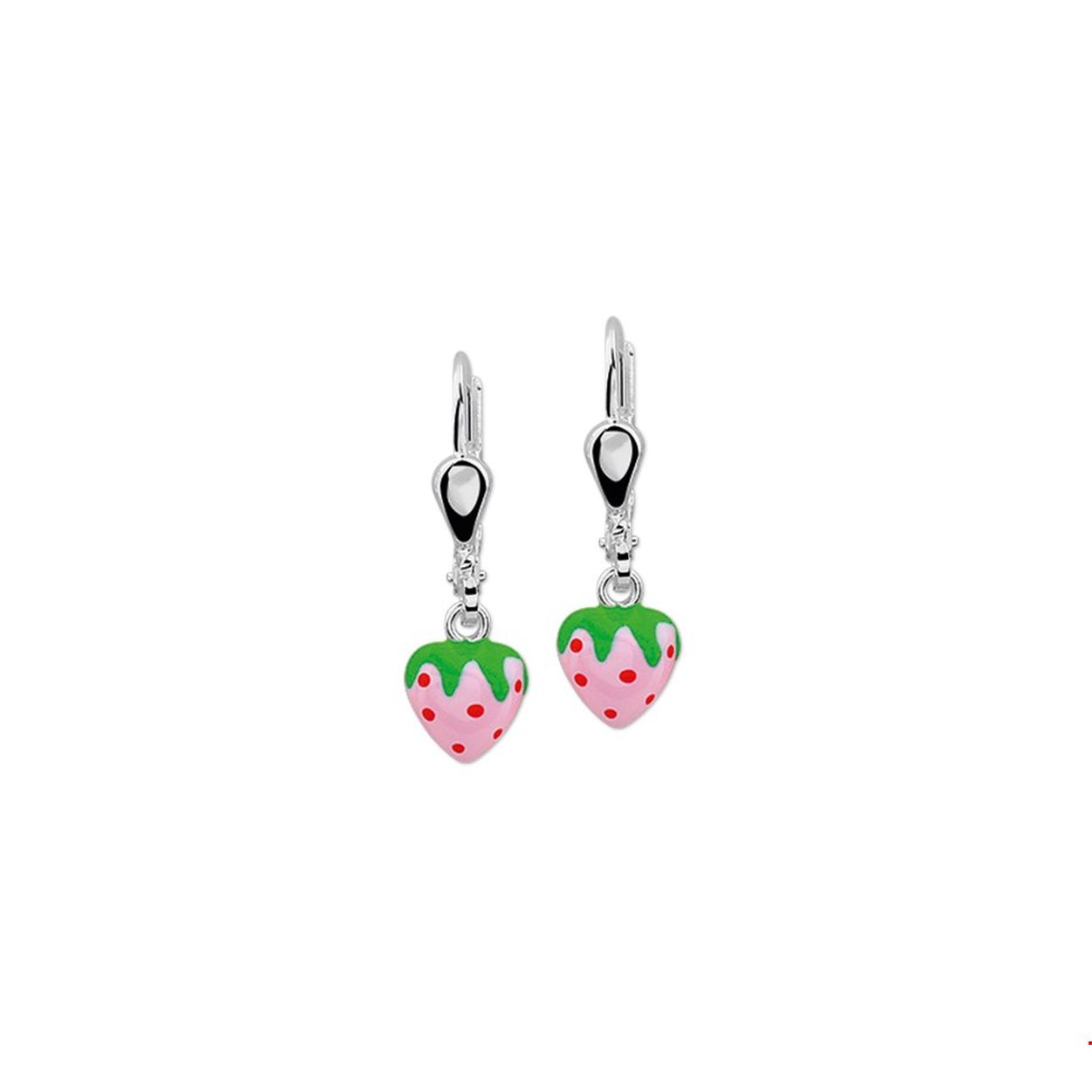 Beschrijving: Zilveren oorhangers met een aardbei van emaille. 
Doelgroep: kinderen
Breedte: 6.5 mm
Hoogte: 8.5 mm
