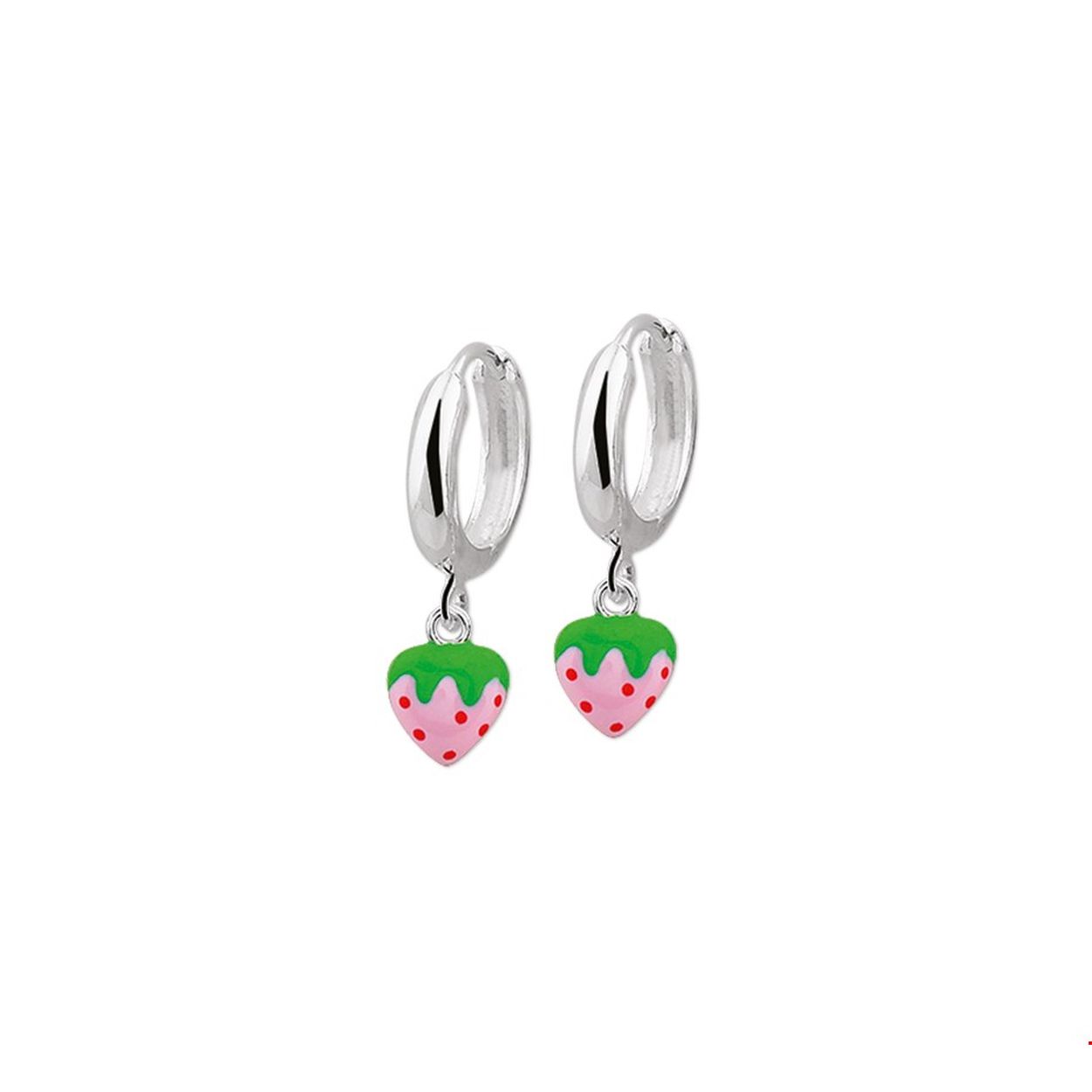 Beschrijving: Zilveren klapcreolen met een aardbeitje van emaille. De klapcreolen zijn onderdeel van een set. 
Doelgroep: kinderen
Breedte: 3 mm
Hoogte: 21 mm