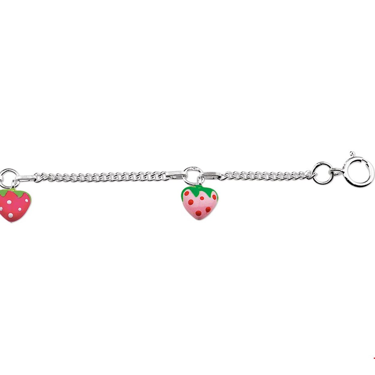 Beschrijving: Zilveren armband met aardbeitjes van emaille. De lengte van de armband bedraagt 13cm met 2cm extensie. De schakelbreedte bedraagt 1.9mm. 
Uniekenummer serie: 28244
Doelgroep: kinderen
Breedte: 1.9 mm
Kortste lengte: 13 mm
Langste lengte: 15 mm
