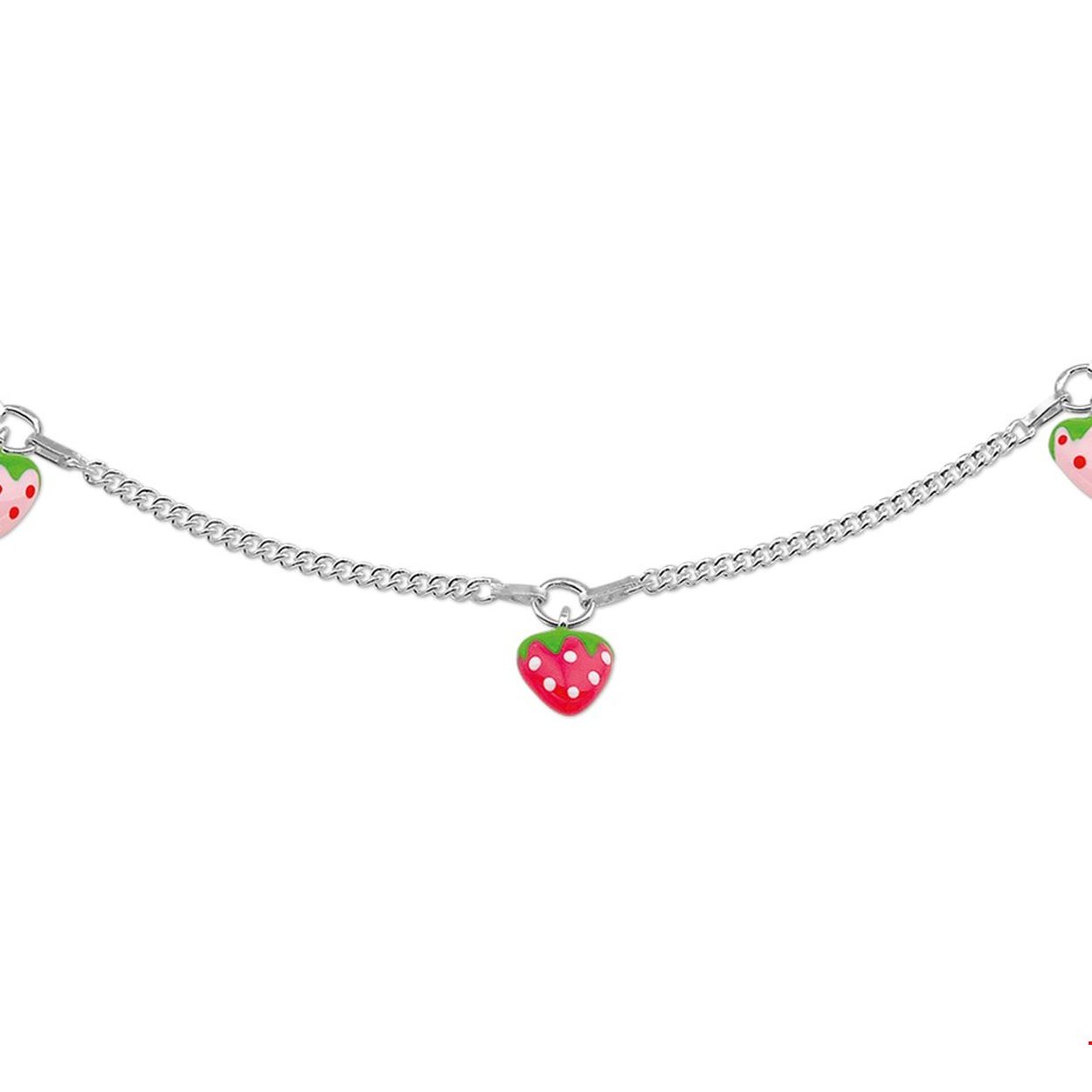 Beschrijving: Zilveren collier met aardbeitjes van emaille. De lengte van het collier bedraagt 36cm met 2cm extensie. De schakelbreedte bedraagt 1.9mm. 
Verpakt per: 1
Doelgroep: kinderen
Kortste lengte: 36 mm
Langste lengte: 38 mm