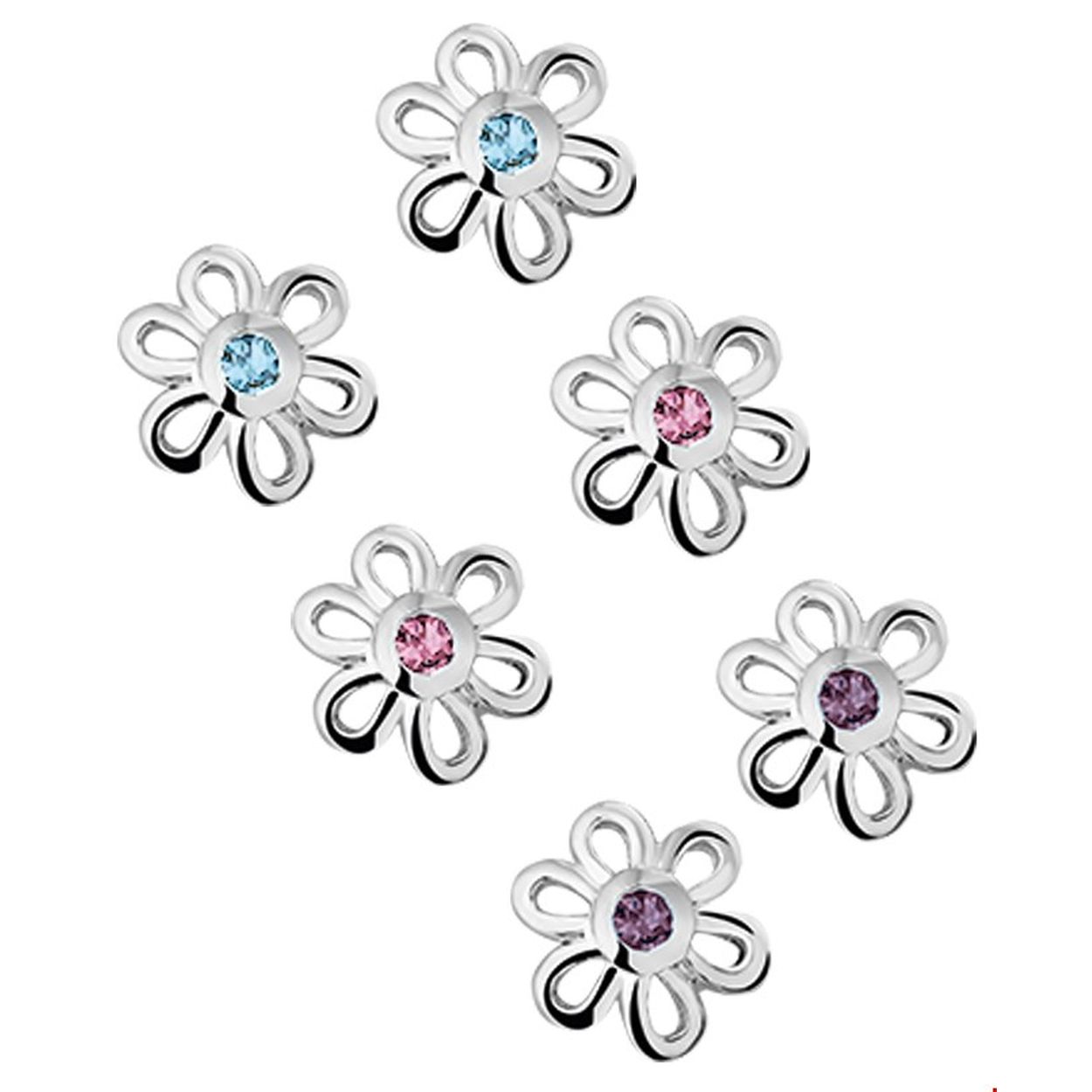 Beschrijving: Assortiment van oorknoppen met bloemen en zirkonia. 
Doelgroep: kinderen
Breedte: 8 mm
Hoogte: 8.5 mm