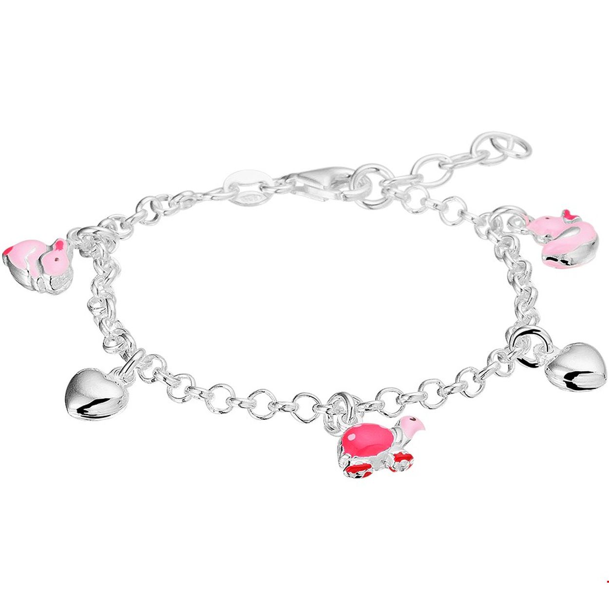 Zilveren armband met hartjes en diverse dierenbedels van roze emaille. De lengte van de armband bedraagt 13cm met 2cm extensie. De schakelbreedte bedraagt 3.0mm. 
Doelgroep: kinderen
Breedte: 3 mm
Kortste lengte: 13 cm
Langste lengte: 15 cm