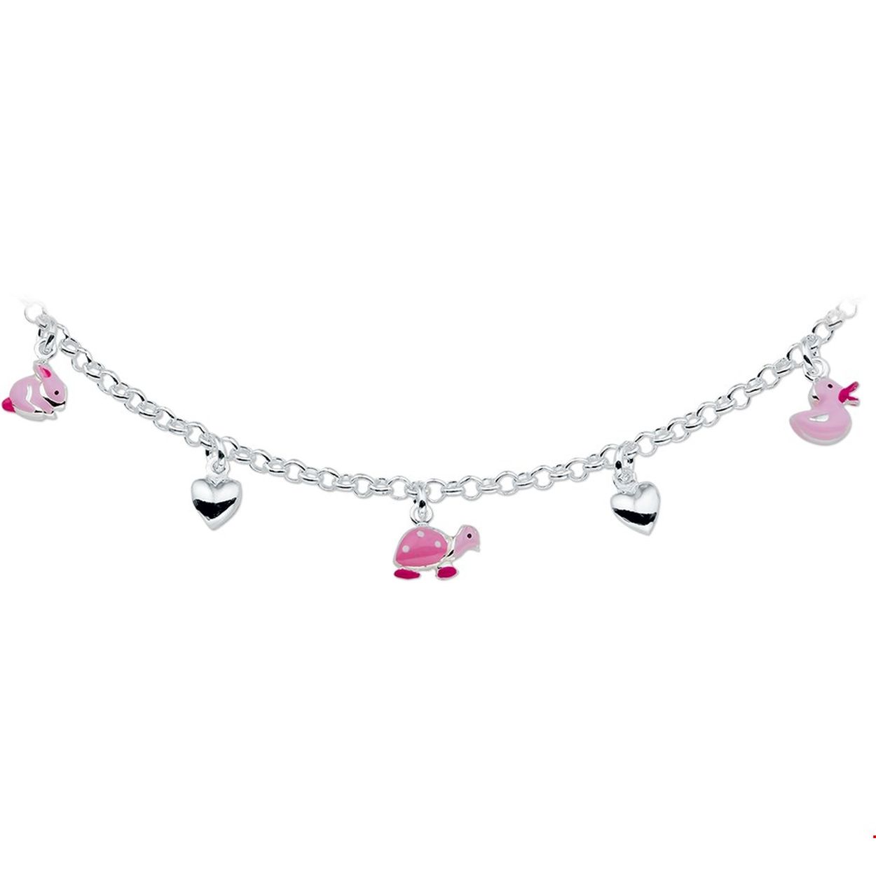 Beschrijving: Zilveren collier met hartjes en diverse dierenbedels van roze emaille. De lengte van het collier bedraagt 36cm met 2cm extensie. De schakelbreedte bedraagt 3.0mm. 
Verpakt per: 1
Doelgroep: kinderen
Kortste lengte: 36 mm
Langste lengte: 38 mm