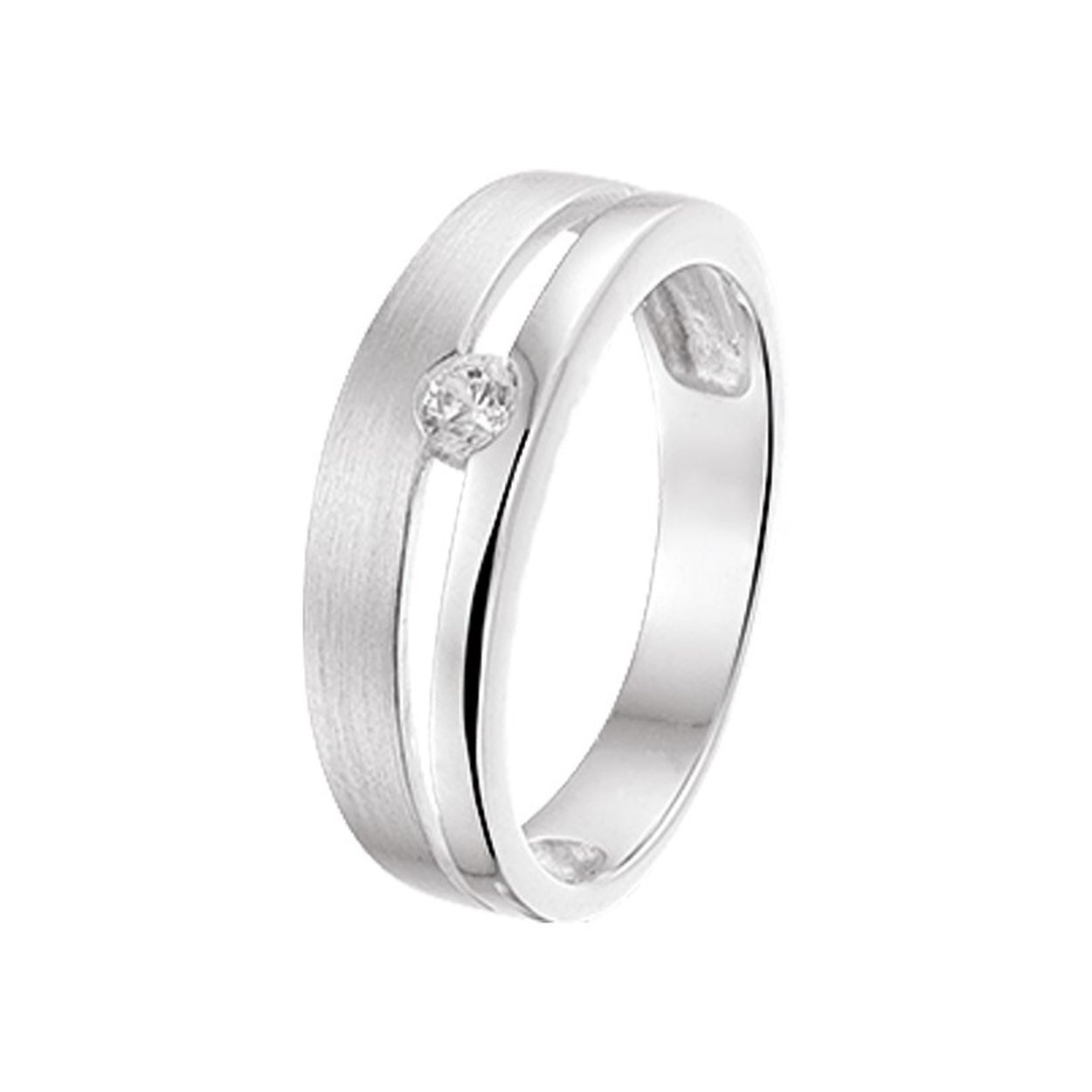 Beschrijving: Zilveren ring met zirkonia en een poli/matte afwerking. 
Uniekenummer serie: 26183
Verpakt per: 1
Doelgroep: dames
Ringmaat: 18.00 mm (57)
Breedte: 5.5 mm
Zetting: solitaire (span zetting)