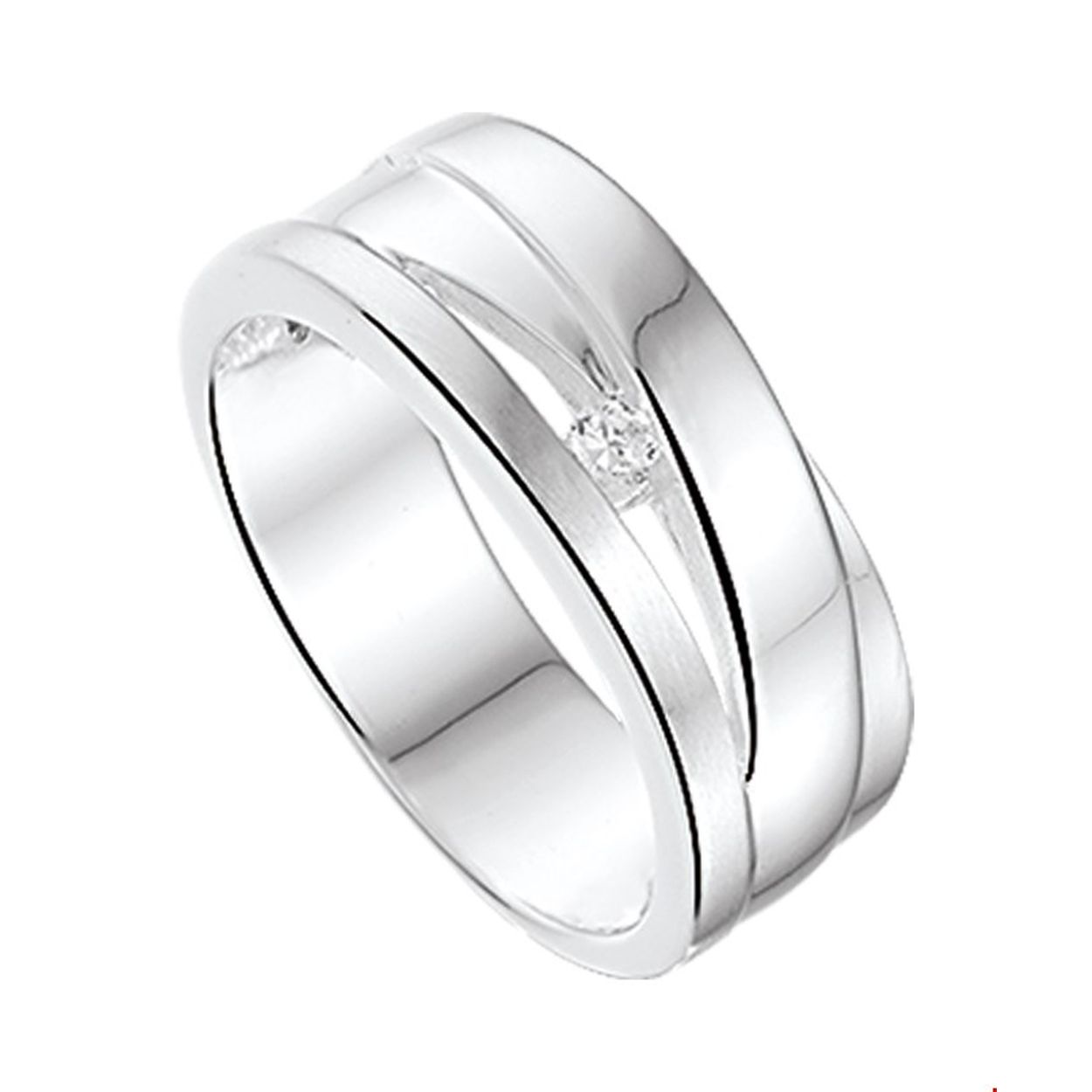 Zilveren ring met zirkonia en een poli/matte afwerking. 
Doelgroep: dames
Ringmaat: 17.75 mm (56)
Breedte: 7.5 mm
Zetting: solitaire (span zetting)