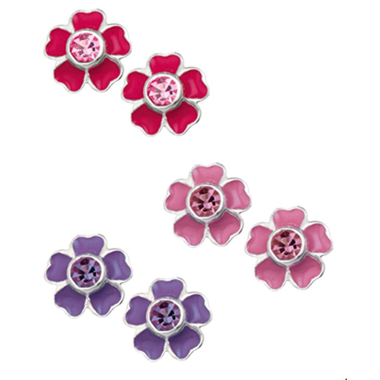 Beschrijving: Assortiment van zilveren oorknoppen met bloemen van emaille en zirkonia. 
Doelgroep: kinderen
Breedte: 7 mm
Hoogte: 7 mm