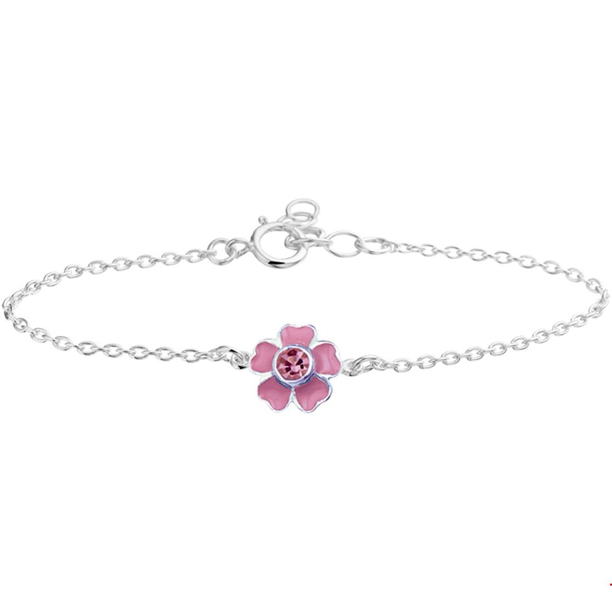 Zilveren armband met een bloem van roze emaille en roze zirkonia. De lengte van de armband bedraagt 13cm met 2cm extensie. De schakelbreedte bedraagt 1.4mm.  
Doelgroep: kinderen
Breedte: 1.5 mm
Kortste lengte: 13 cm
Langste lengte: 15 cm